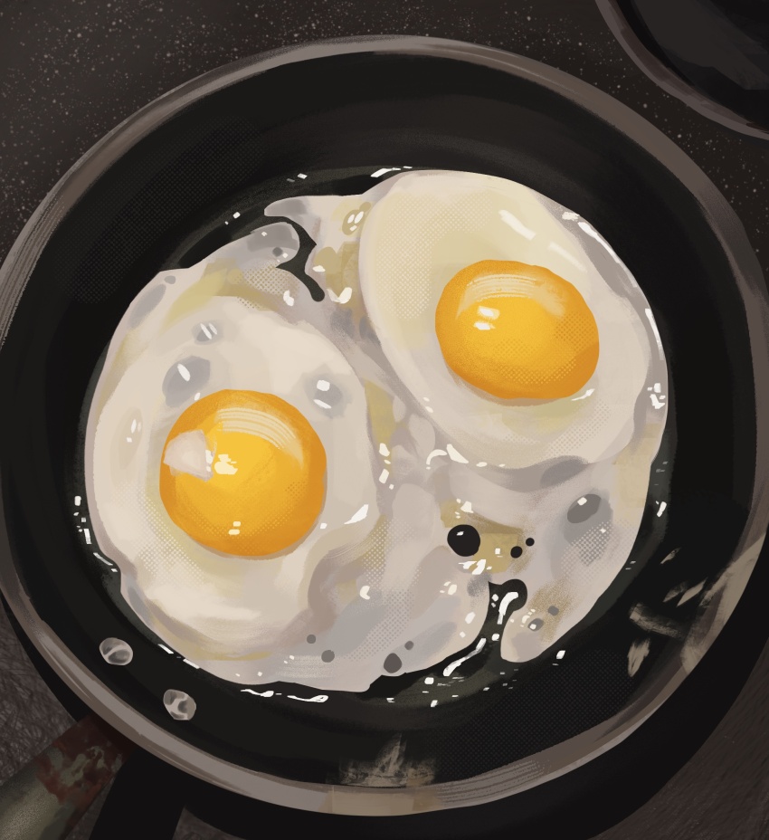 black_background, color_contrast, cooking, egg_(food), egg_yolk, food, food_focus, fruiitlins, frying_pan, highres, original, out_of_frame, simple_background, still_life