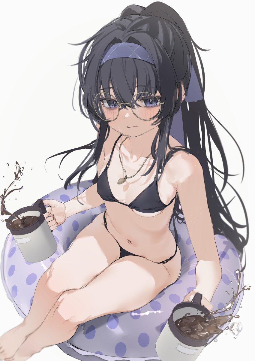 1girl, absurdres, bare_shoulders, bikini, black_bikini, black_hair, blue_archive, breasts