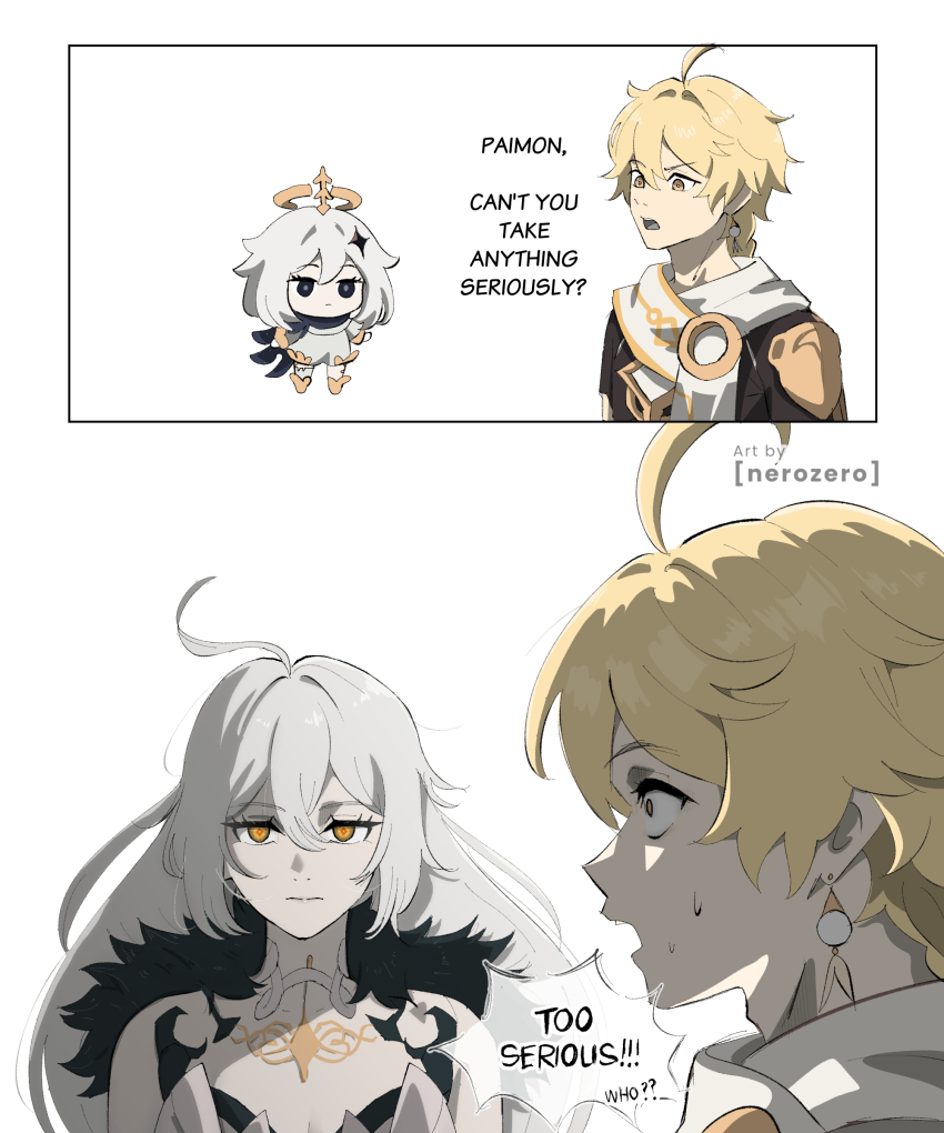 1boy, 2girls, absurdres, aether_(genshin_impact), ahoge, artist_name, asmoday_(genshin_impact), bare_shoulders