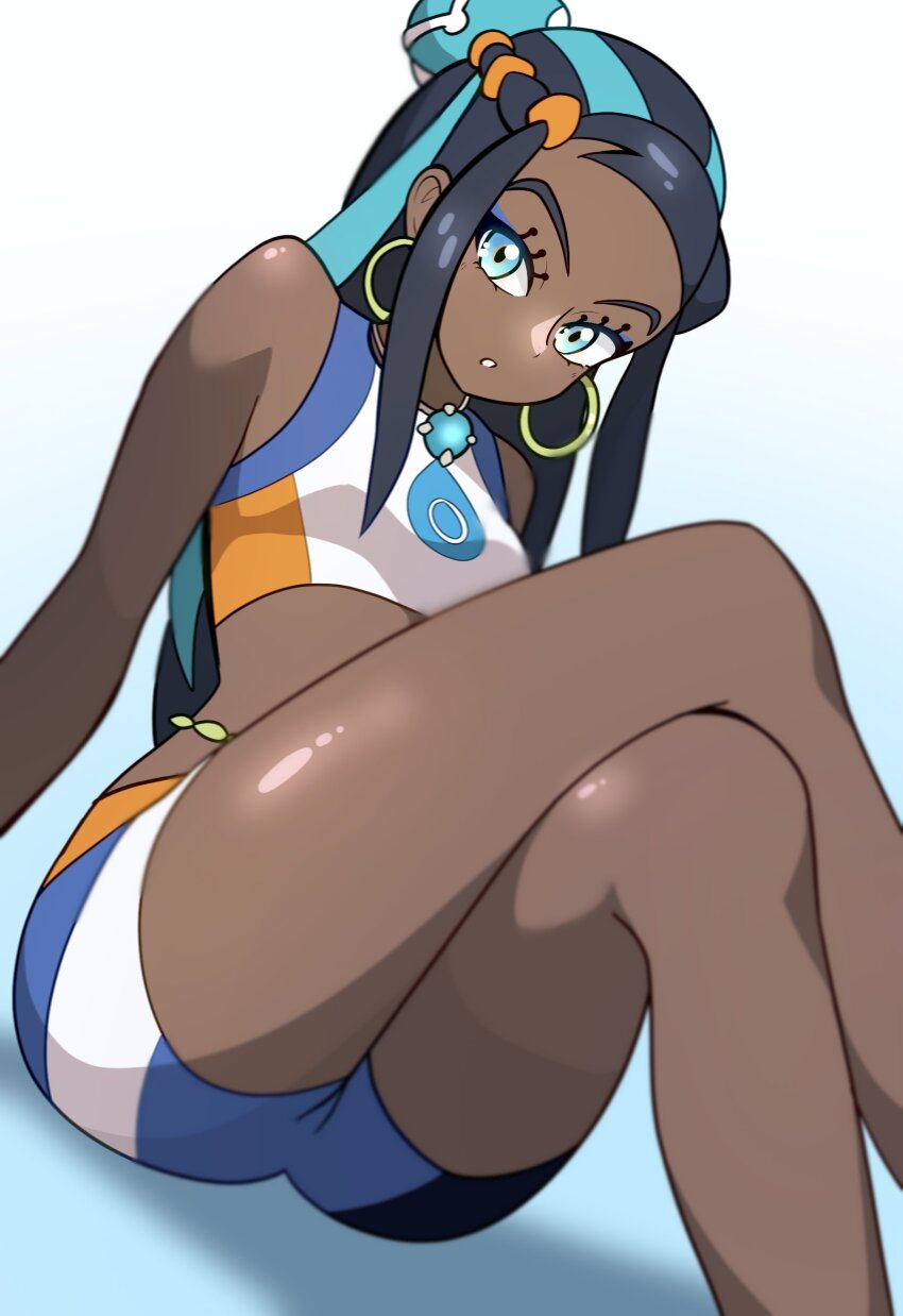 1girl, blue_eyeshadow, commentary, crop_top, crossed_legs, dark-skinned_female, dark_skin, earrings, eyelashes, eyeshadow, highres, hoop_earrings, jewelry, long_hair, looking_at_viewer, makeup, muis0802, multicolored_hair, nessa_(pokemon), nintendo, pokemon, pokemon_sword_and_shield, sidelocks, sitting, solo, two-tone_hair, white_background