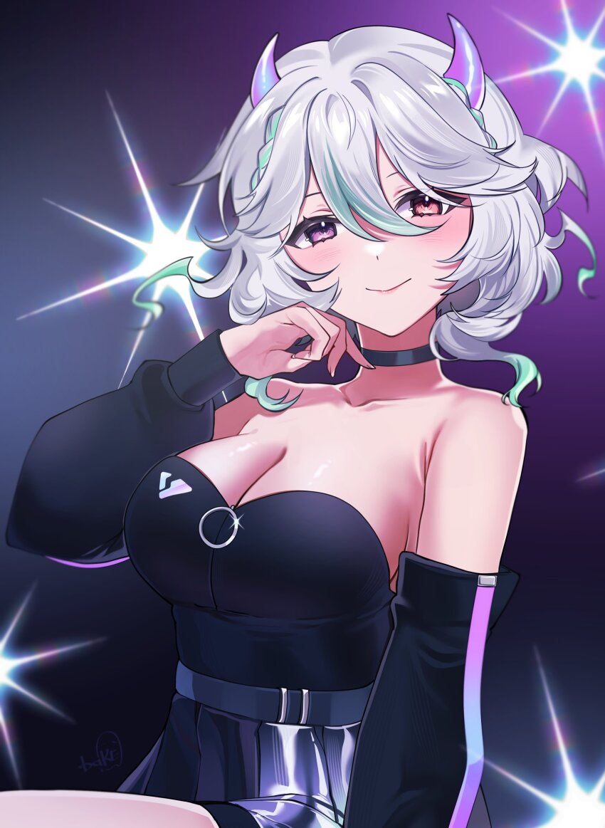 1girl, absurdres, alias_anono, alternate_costume, bare_shoulders, black_choker, black_shirt, black_skirt