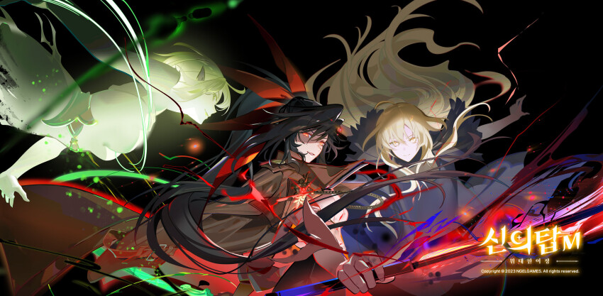 3girls, absurdres, bare_shoulders, black_background, black_dress, black_hair, black_march_(tower_of_god), black_march_(weapon), black_skirt, blonde_hair, breasts, brown_jacket, daymera, dress, eye_symbol, floating, floating_hair, frilled_dress, frills, game_cg, glowing, glowing_eyes, green_april_(tower_of_god), green_dress, green_hair, ha_yuri_zahard, hair_between_eyes, hair_ornament, hair_ribbon, hairclip, highres, holding, holding_sword, holding_weapon, jacket, jacket_on_shoulders, long_hair, looking_at_viewer, multiple_girls, official_art, parted_lips, pink_shirt, pointy_ears, ponytail, possessed, red_eyes, red_ribbon, ribbon, shadow, shinsoo_(tower_of_god), shirt, short_hair, sidelocks, skirt, smile, strapless, strapless_dress, sword, tower_of_god, tower_of_god:_great_journey, wavy_hair, weapon, yellow_eyes