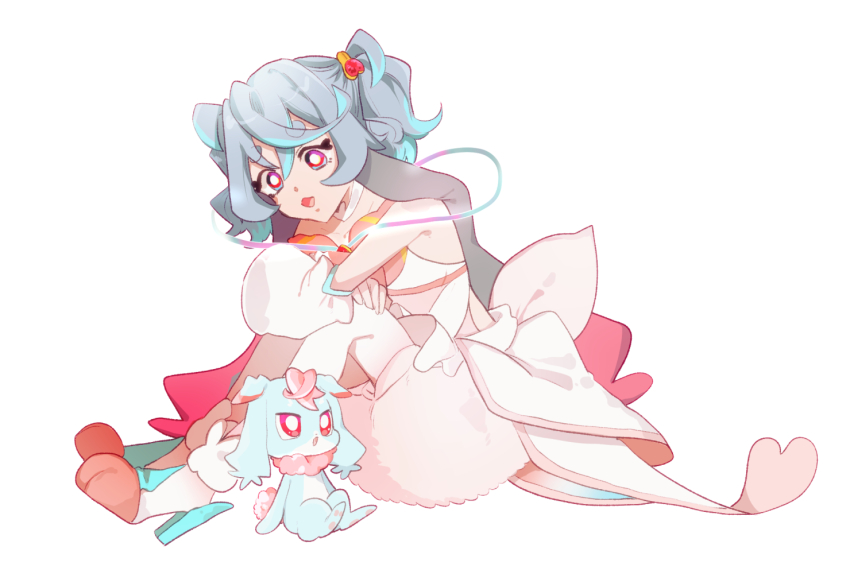 1girl, animal, animal_feet, aqua_hair, arms_on_knees, back_bow, blue_hair, bow