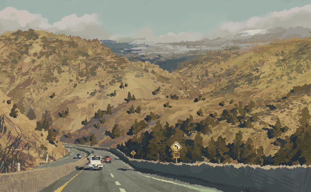 atmospheric_perspective, car, cloud, cloudy_sky, driving, forest, fruiitlins, motor_vehicle