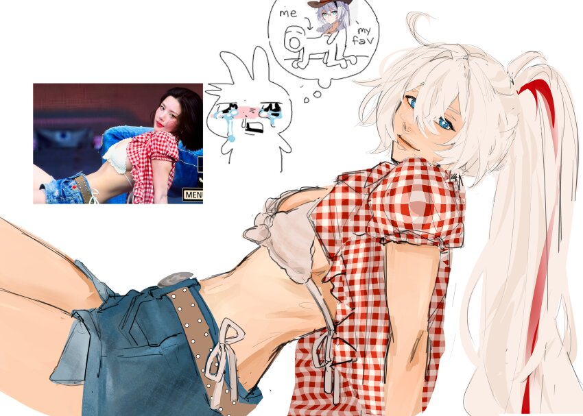 1girl, absurdres, belt, blue_eyes, bra, bright_pupils, brown_belt, cellysticks