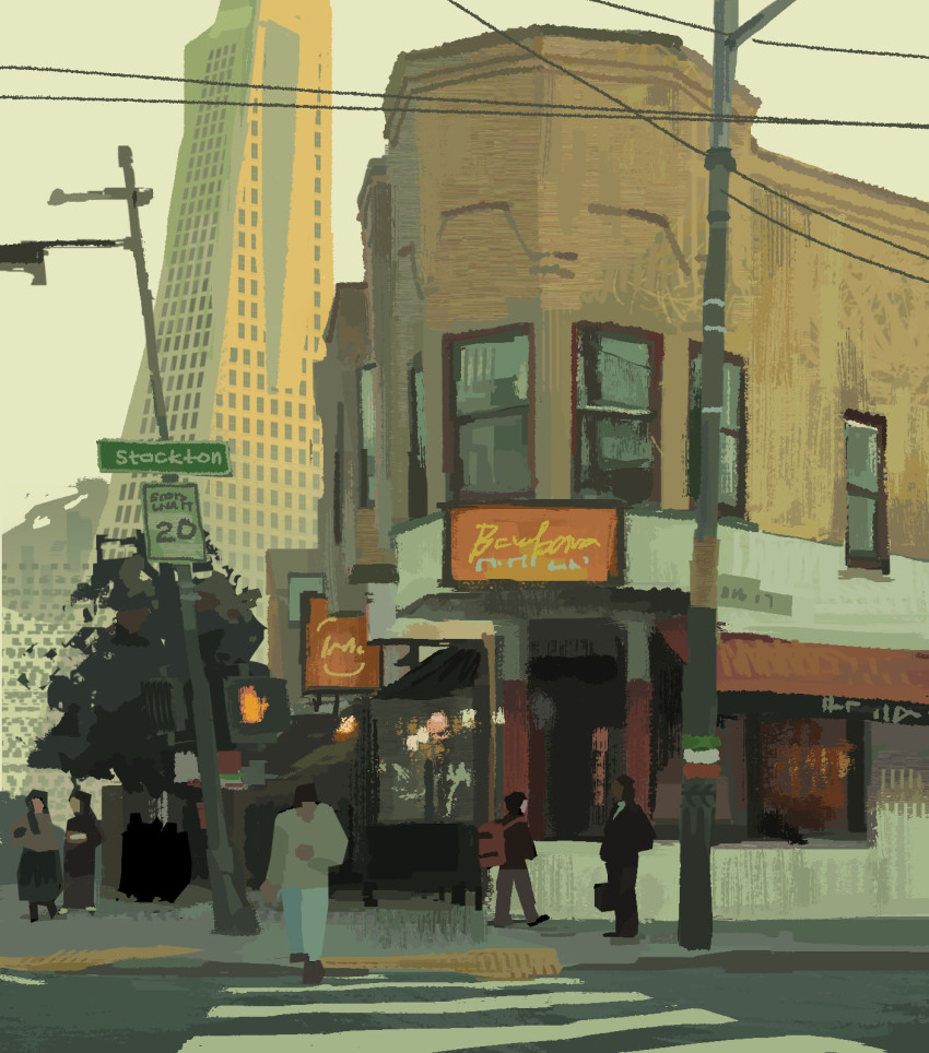 5others, backpack, bag, black_hair, blue_skirt, brown_hair, building, city