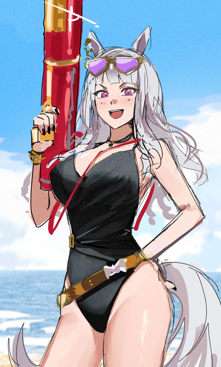 absurdres, animal_ears, black_one-piece_swimsuit, casual_one-piece_swimsuit, choripan, eyewear_on_head, gold_ship_(run_revolt_launcher)_(umamusume), gold_ship_(umamusume), highres, holding, holding_water_gun, horse_ears, horse_girl, horse_tail, official_alternate_costume, one-piece_swimsuit, purple-tinted_eyewear, sunglasses, swimsuit, tail, tinted_eyewear, umamusume, water_gun, yellow-framed_eyewear