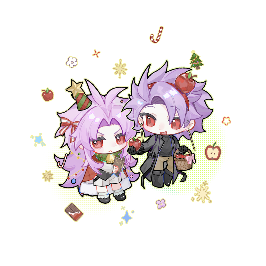 2boys, absurdres, alternate_costume, antenna_hair, apple, apple_hair_ornament, belt, black_belt