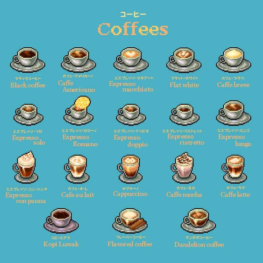 bilingual_text, blue_background, cafe_au_lait, caffe_latte, caffe_mocha, cappuccino, coffee, commentary