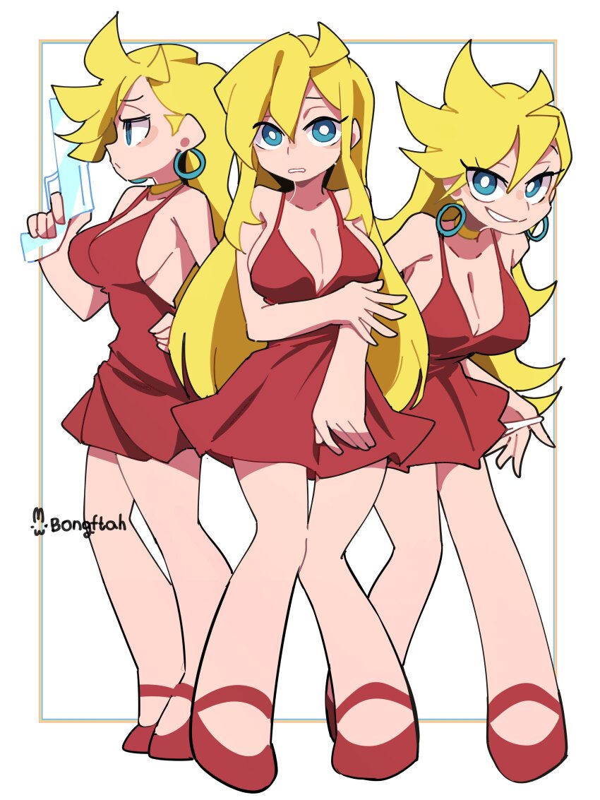 1girl, absurdres, artist_name, blonde_hair, blue_eyes, bongftah, breasts, bright_pupils, cleavage, clenched_teeth, commentary, dress, earrings, full_body, grin, gun, hair_between_eyes, hand_up, highres, holding, holding_gun, holding_weapon, inset_border, jewelry, large_breasts, long_hair, looking_at_viewer, multiple_views, panty_&amp;_stocking_with_garterbelt, panty_(psg), red_dress, red_shoes, shoes, short_dress, shy_panty_(psg), sideboob, simple_background, smile, spaghetti_strap, standing, untranslatable_commentary, teeth, weapon, white_background, white_pupils