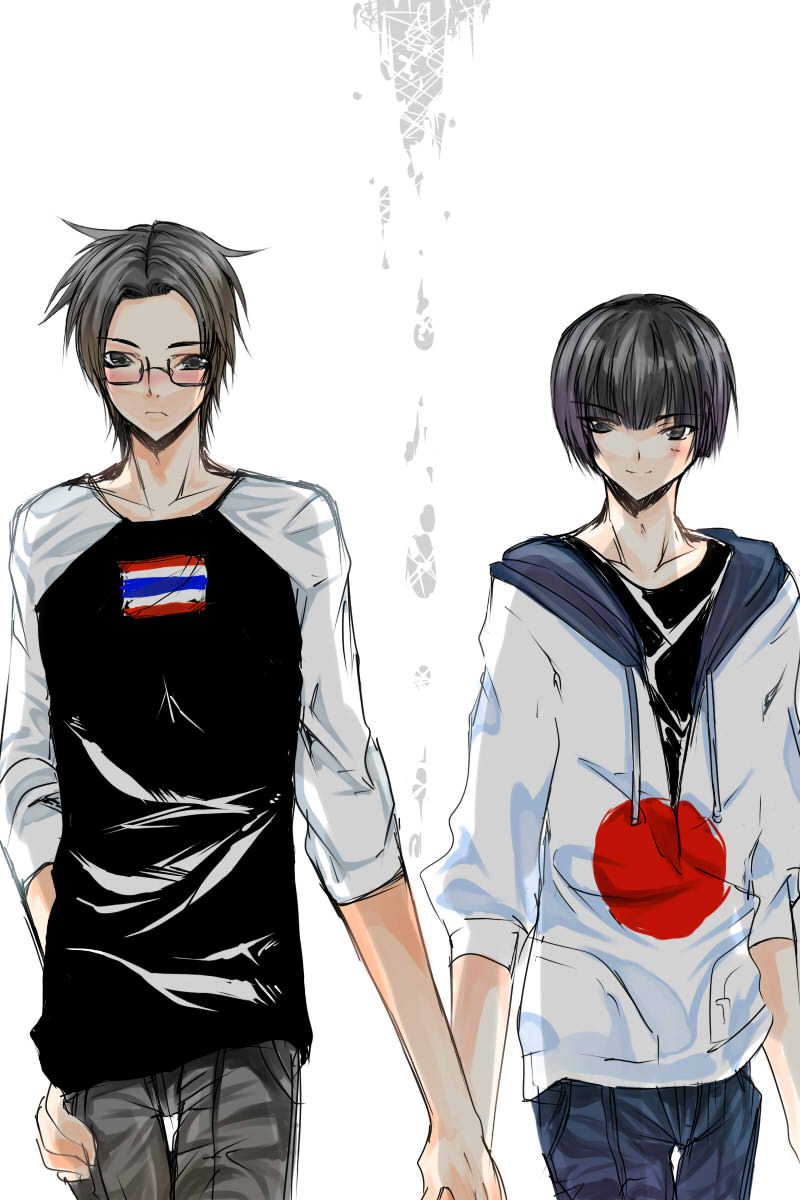 2boys, axis_powers_hetalia, black_hair, blush, brown_hair, glasses, highres, holding