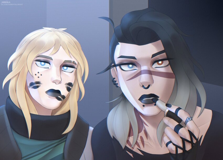 2girls, ahoge, applying_makeup, applying_own_makeup, black_hair, black_lips, black_nails, blonde_hair
