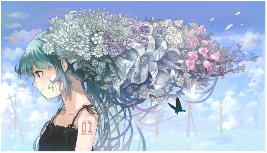 1girl, aqua_hair, bug, butterfly, cloud, female_focus, flower, gradient_background