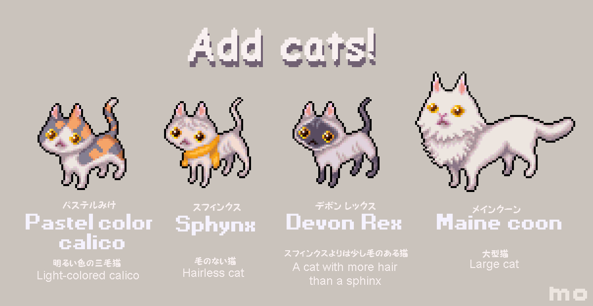 animal, animal_focus, bilingual_text, calico_(pattern), calico_cat, cat, clothed_animal, colorpoint_(pattern), commentary, devon_rex, dilute_tortoiseshell, english_commentary, english_text, fluffy, maine_coon, mixed-language_text, no_humans, orange_scarf, original, pixel_art, scarf, simple_background, sphynx_cat, white_cat, yellow_eyes, yuuki_mokuya