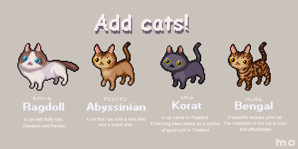 abyssinian_cat, animal, animal_focus, bengal_cat, bilingual_text, blue_eyes, brown_cat, cat, commentary, english_commentary, english_text, grey_cat, korat, mixed-language_text, no_humans, original, pixel_art, ragdoll_(cat), simple_background, spotted_fur, yellow_eyes, yuuki_mokuya