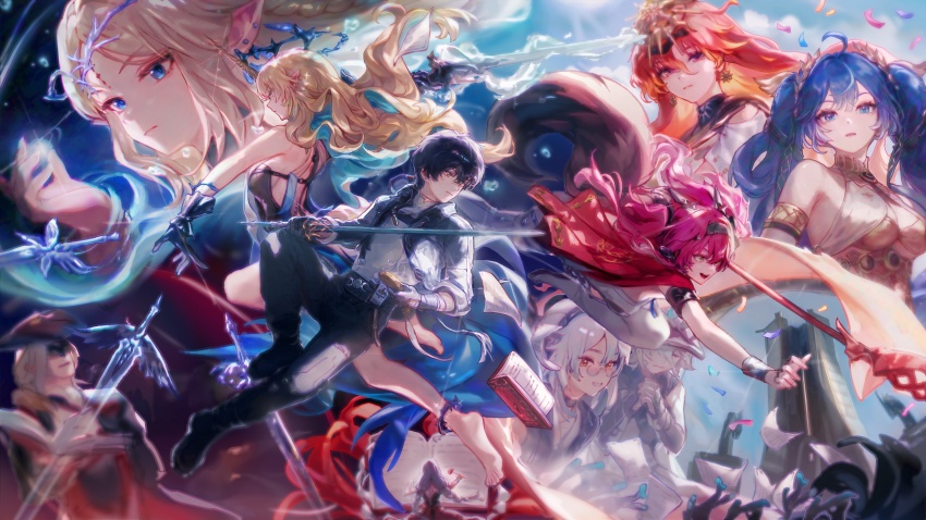 absurdres, ahoge, augusta_(wuthering_waves), bare_shoulders, bibimbub, black_jacket, black_pants, blonde_hair