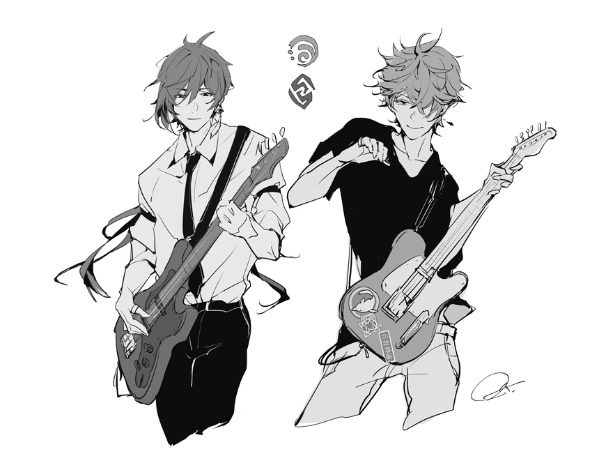 004s_4, 2boys, alternate_costume, contemporary, genshin_impact, geo_symbol_(genshin_impact), greyscale, guitar