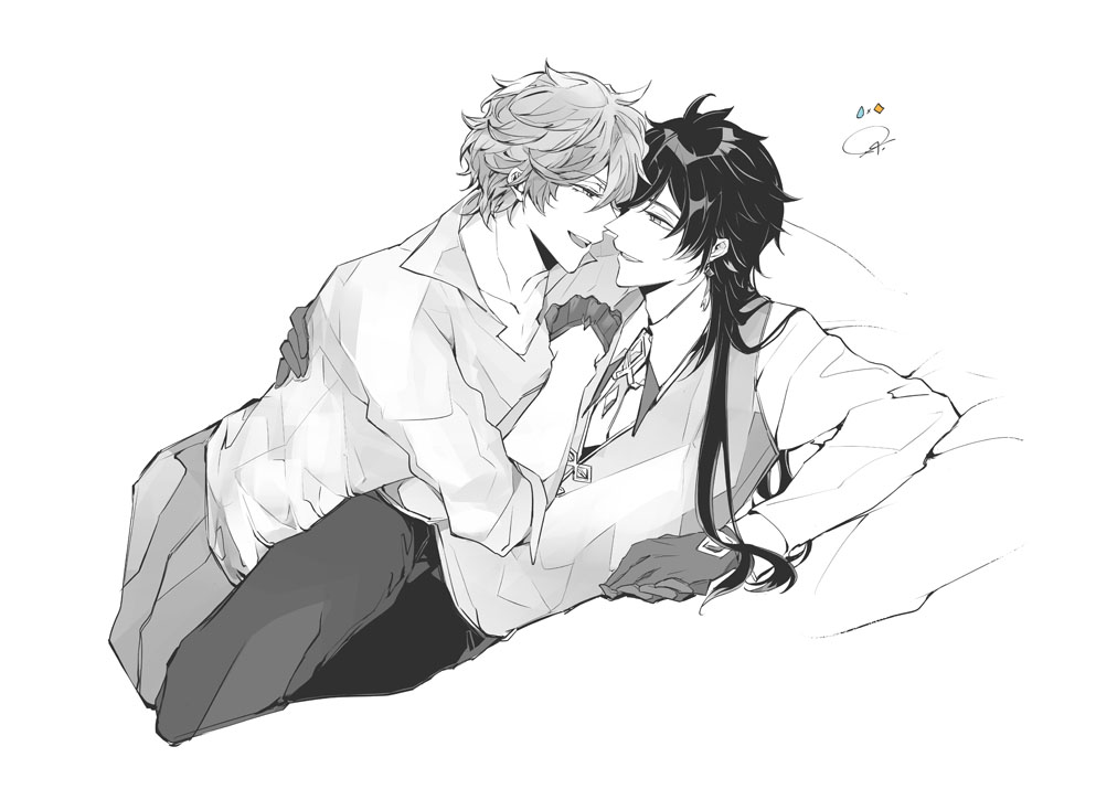 004s_4, 2boys, almost_kiss, couple, genshin_impact, greyscale, guitar, hand_on_another's_back