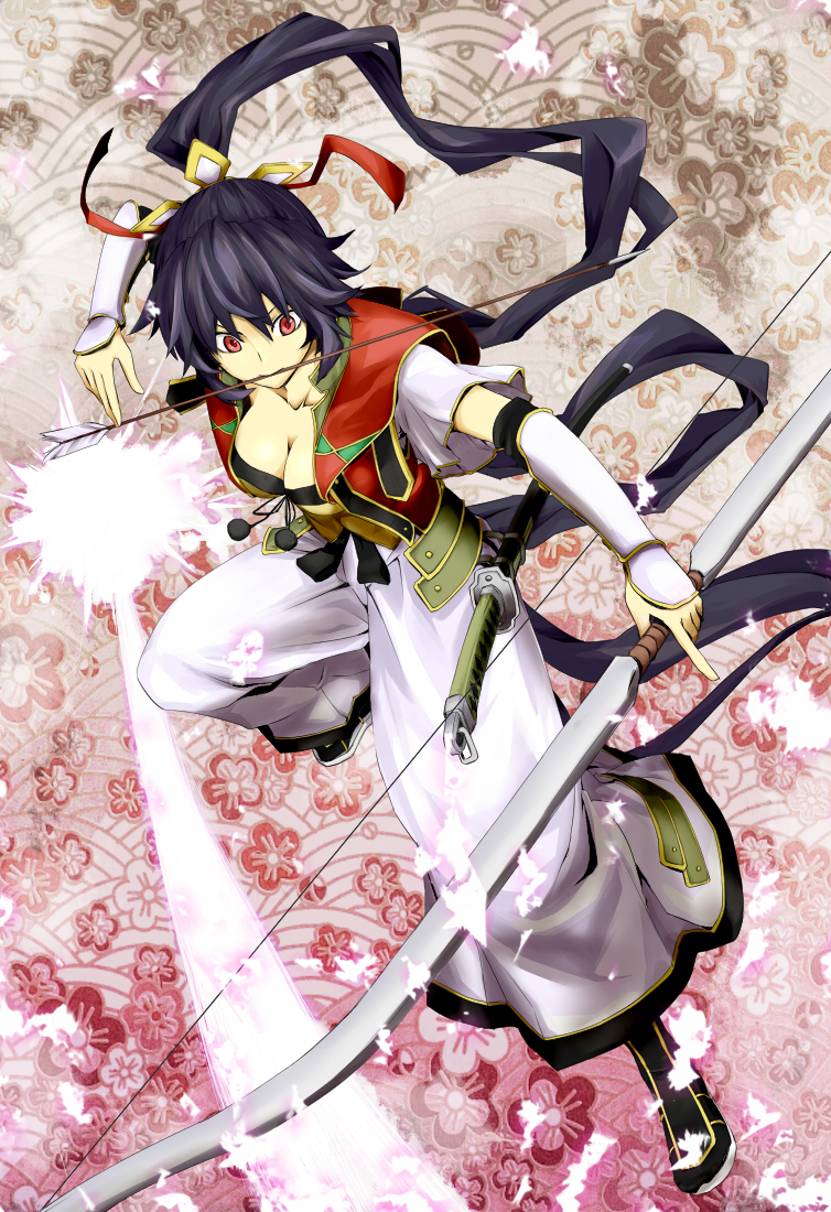 1girl, alice_soft, armor, arrow_(projectile), black_hair, bow_(weapon), breasts, bustier, cleavage, faulds, female_focus, floral_background, flower, gauntlets, hair_ornament, ikuichi, japanese_clothes, long_hair, mouth_hold, ponytail, rance_(series), red_eyes, ribbon, seigaiha, sengoku_rance, solo, sword, toromera, very_long_hair, weapon, yamamoto_isoroku_(rance)