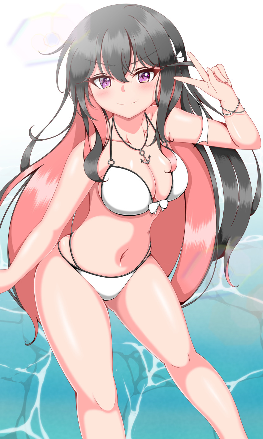 1girl, absurdres, anchor_pendant, bikini, black_hair, breasts, cleavage, closed_mouth