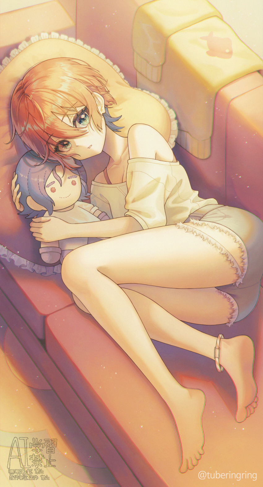 1girl, amate_yuzuriha, anklet, aqua_eyes, barefoot, blue_shorts, bra_strap, breasts