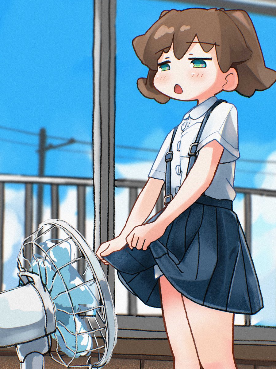 1girl, bicycle, blue_skirt, blue_sky, blush, brown_hair, clothes_lift, collared_shirt