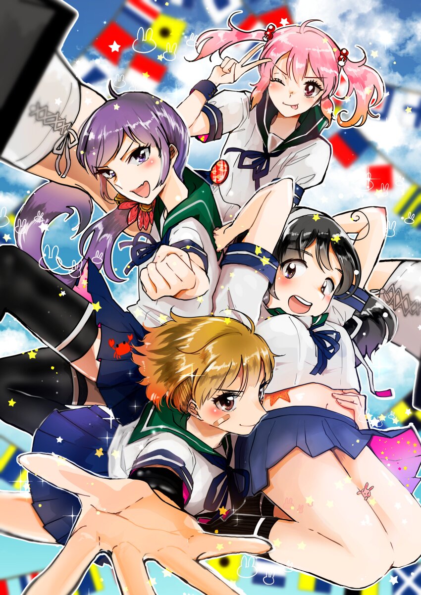 4girls, absurdres, akebono_(kancolle), akebono_kai_(kancolle), animal_ears, badge, bandaid, bandaid_on_face