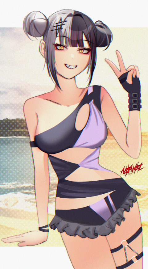 1girl, alexaniel, artist_name, bikini, black_bikini, black_gloves, black_hair, breasts, double_bun, fingerless_gloves, frilled_bikini, frills, gloves, grey_hair, grin, hair_bun, hololive, hololive_english, looking_at_viewer, medium_breasts, multicolored_bikini, multicolored_hair, o-ring, o-ring_thigh_strap, official_alternate_costume, official_alternate_hairstyle, purple_bikini, shiori_novella, shiori_novella_(holonatsu_paradise), smile, solo, split-color_hair, swimsuit, teeth, thigh_strap, two-tone_bikini, two-tone_hair, v, virtual_youtuber, yellow_eyes