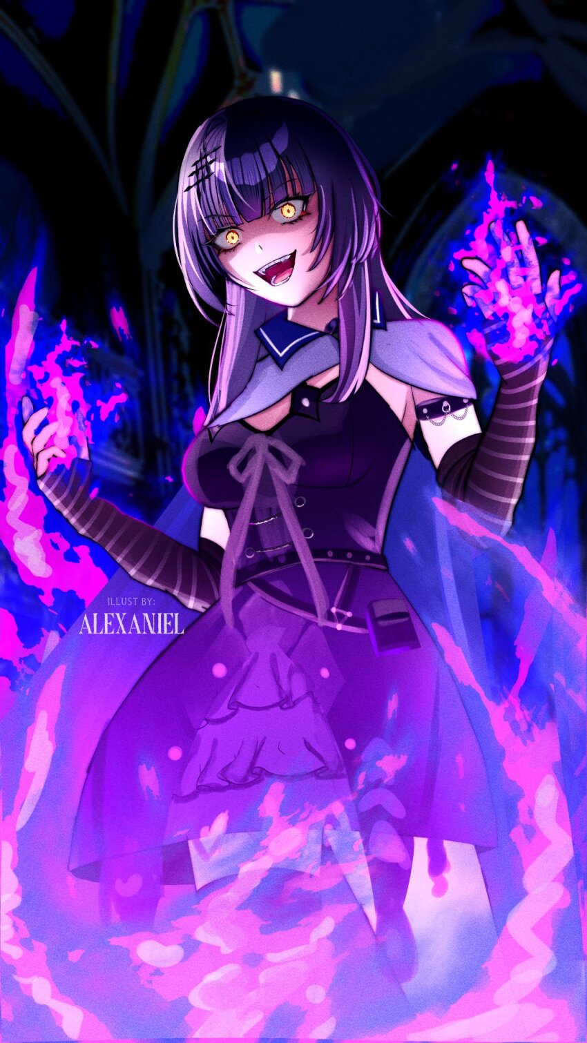 1girl, alexaniel, arm_warmers, artist_name, black_arm_warmers, black_dress, black_hair, black_thighhighs