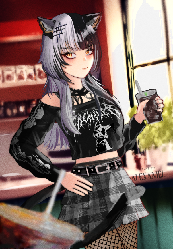 1girl, alexaniel, animal_ears, artist_name, belt, black_belt, black_hair, black_shirt