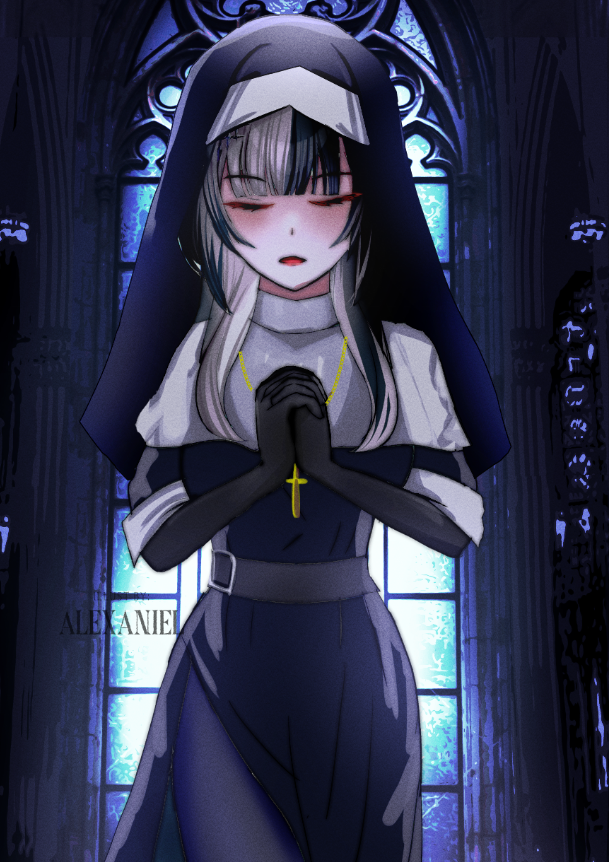 1girl, alexaniel, alternate_costume, artist_name, black_dress, black_gloves, black_hair, closed_eyes