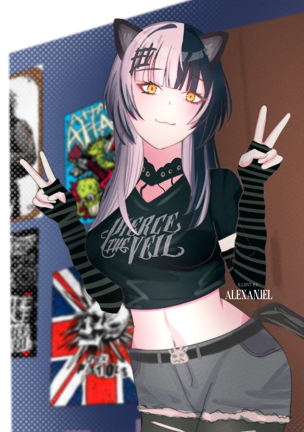 1girl, :3, alexaniel, animal_ears, arm_warmers, artist_name, band_shirt, black_arm_warmers