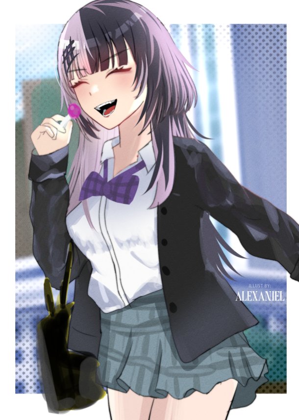 1girl, alexaniel, artist_name, bag, black_hair, black_jacket, bow, bowtie