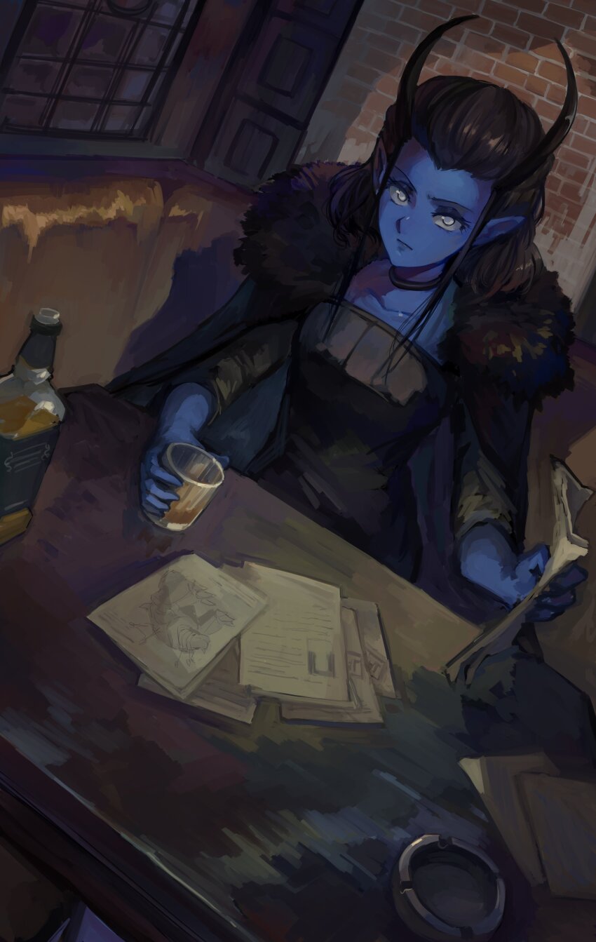 1girl, absurdres, ashtray, brick_wall, brown_hair, cup, glass_bottle, highres