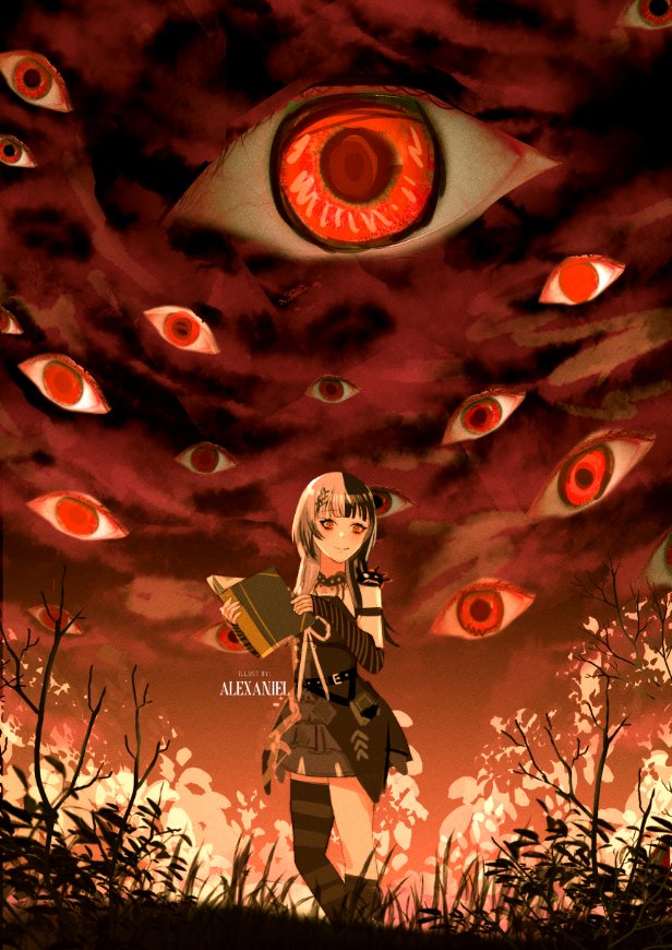 1girl, alexaniel, arm_strap, arm_warmers, artist_name, black_arm_warmers, black_choker, black_dress