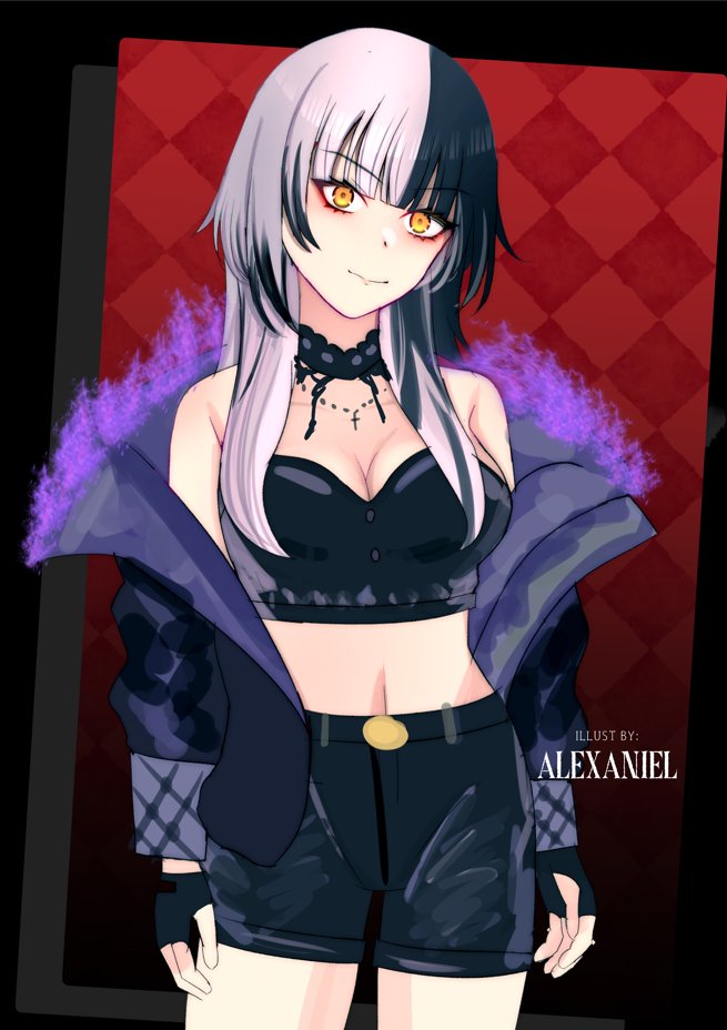 1girl, alexaniel, alternate_costume, artist_name, black_choker, black_coat, black_gloves, black_hair