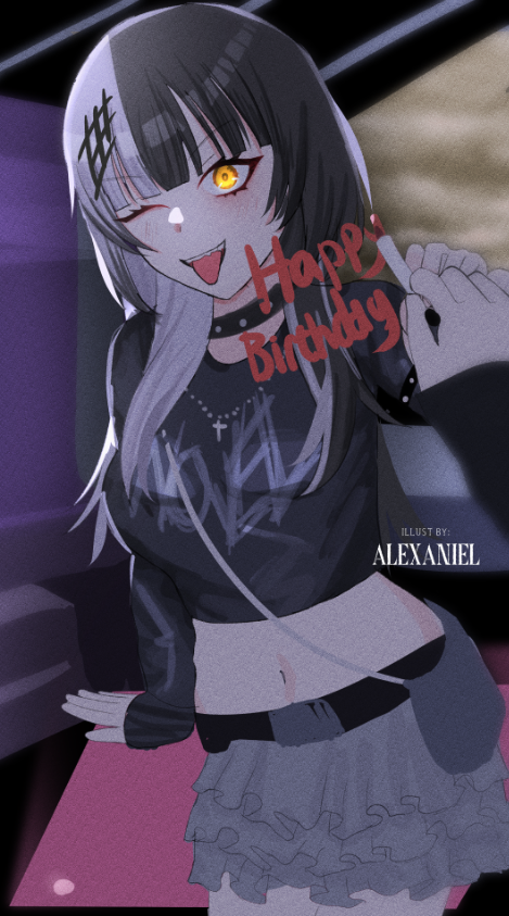 1girl, ;p, alexaniel, alternate_costume, artist_name, black_choker, black_hair, black_shirt