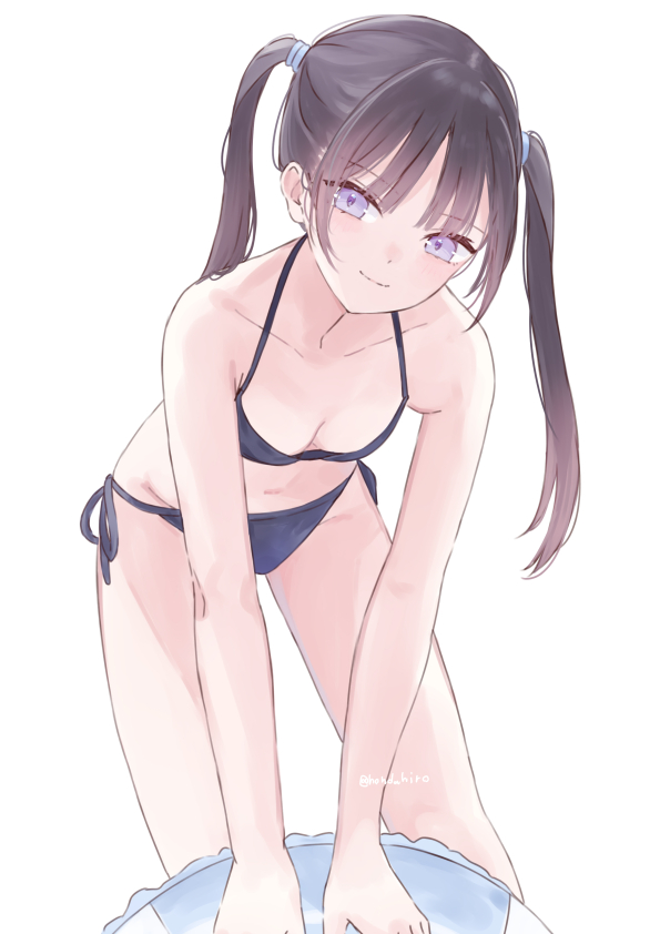 1girl, bare_shoulders, bikini, black_bikini, black_hair, blush, breasts, closed_mouth