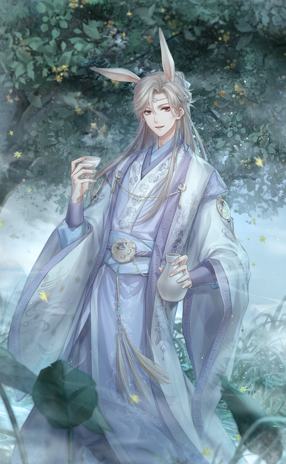 1boy, animal_ears, artist_request, baishuo_(shining_nikki), blonde_hair, blue_bow, blue_hanfu, blue_jacket