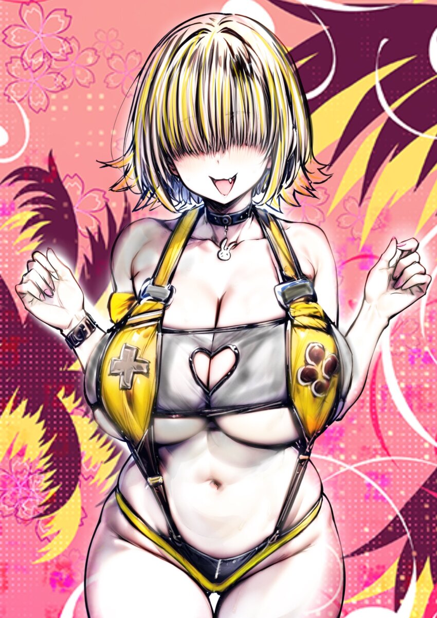 1girl, ahoge, blonde_hair, blush, breasts, choker, clothing_cutout, elegg_(boom_and_shock)_(nikke), elegg_(nikke), fang, goddess_of_victory:_nikke, hair_intakes, hair_over_eyes, heart_cutout, highres, large_breasts, long_bangs, looking_at_viewer, multicolored_hair, navel, nikke_nikke2nd, open_mouth, see-through_slingshot_swimsuit, short_hair, skindentation, slingshot_swimsuit, smile, solo, standing, swimsuit, thigh_strap, two-tone_hair, underboob, yellow_slingshot_swimsuit