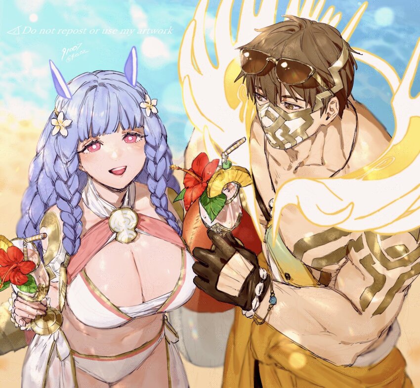 1boy, 1girl, 91007, :d, artist_name, beach, bikini, blue_hair, blunt_bangs, braid, breasts, brother_and_sister, brown_eyes, brown_gloves, brown_hair, cup, drinking_glass, drinking_straw, eikthyrnir_(fire_emblem), eikthyrnir_(summer)_(fire_emblem), eyewear_on_head, fire_emblem, fire_emblem_heroes, flower, gloves, hair_between_eyes, hair_flower, hair_ornament, heidrun_(fire_emblem), heidrun_(summer)_(fire_emblem), highres, holding, holding_cup, holding_swim_ring, innertube, large_breasts, large_pectorals, long_hair, looking_at_another, mask, mouth_mask, muscular, muscular_male, nintendo, official_alternate_costume, open_mouth, pectorals, red_eyes, short_hair, siblings, smile, sunglasses, swim_ring, swimsuit, teeth, twitter_username, upper_teeth_only, white_bikini