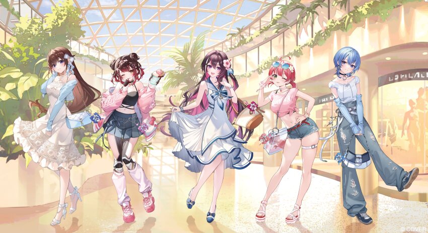 5girls, absurdres, arm_warmers, azki_(hololive), azki_(holonatsu_paradise)_(hololive), bag, black_camisole, black_choker, black_hair, blue_arm_warmers, blue_eyes, blue_jacket, blue_pants, blue_sailor_collar, blue_shoes, blue_shorts, blue_sky, bow, brown_hair, camisole, choker, closed_mouth, colored_inner_hair, commentary_request, denim, denim_shorts, double-parted_bangs, double_bun, dress, eyewear_on_head, feet, fingerless_gloves, flower, flower_hairpin, full_body, gloves, gradient_hair, green_eyes, hair_between_eyes, hair_bow, hair_bun, hair_flaps, hair_flower, hair_ornament, hand_on_own_hip, hand_up, high_heel_sandals, high_heels, highres, holding_own_dress, hololive, hoshimachi_suisei, hoshimachi_suisei_(holonatsu_paradise), indoors, jacket, jeans, leg_warmers, long_hair, looking_at_viewer, mechanical_legs, midriff, multicolored_hair, multiple_girls, navel, noir_eku, off_shoulder, official_alternate_costume, official_alternate_hair_length, official_alternate_hairstyle, official_art, open_mouth, outside_border, pants, pink_hair, pink_jacket, pink_shirt, pink_shoes, pleated_skirt, purple_eyes, roboco-san, roboco-san_(holonatsu_paradise), sailor_collar, sailor_dress, sakura_miko, sakura_miko_(holonatsu_paradise), sandals, second-party_source, shirt, shirt_tucked_in, shoe_soles, shoes, short_hair, short_twintails, shorts, shoulder_bag, single_side_bun, skirt, sky, sleeveless, sleeveless_dress, smile, sneakers, streaked_hair, sunglasses, t-shirt, thigh_strap, toes, tokino_sora, tokino_sora_(holonatsu_paradise), torn_clothes, torn_jeans, torn_pants, twintails, virtual_youtuber, white_dress, white_hair, white_leg_warmers, white_shirt, white_shoes