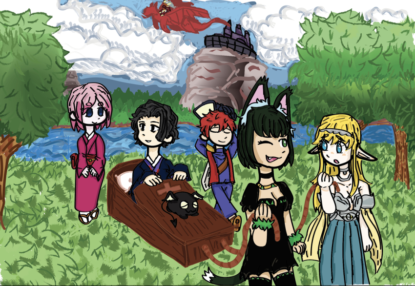 annette_(isekai_shikkaku), chibi, dazai_osamu_(isekai_shikkaku), fan_poster, isekai_shikkaku, melos_(isekai_shikkaku), nir_(isekai_shikkaku), photoshop_(medium), photoshop_(program), sacchan_(isekai_shikkaku), tama_(isekai_shikkaku), waldelia_(isekai_shikkaku)