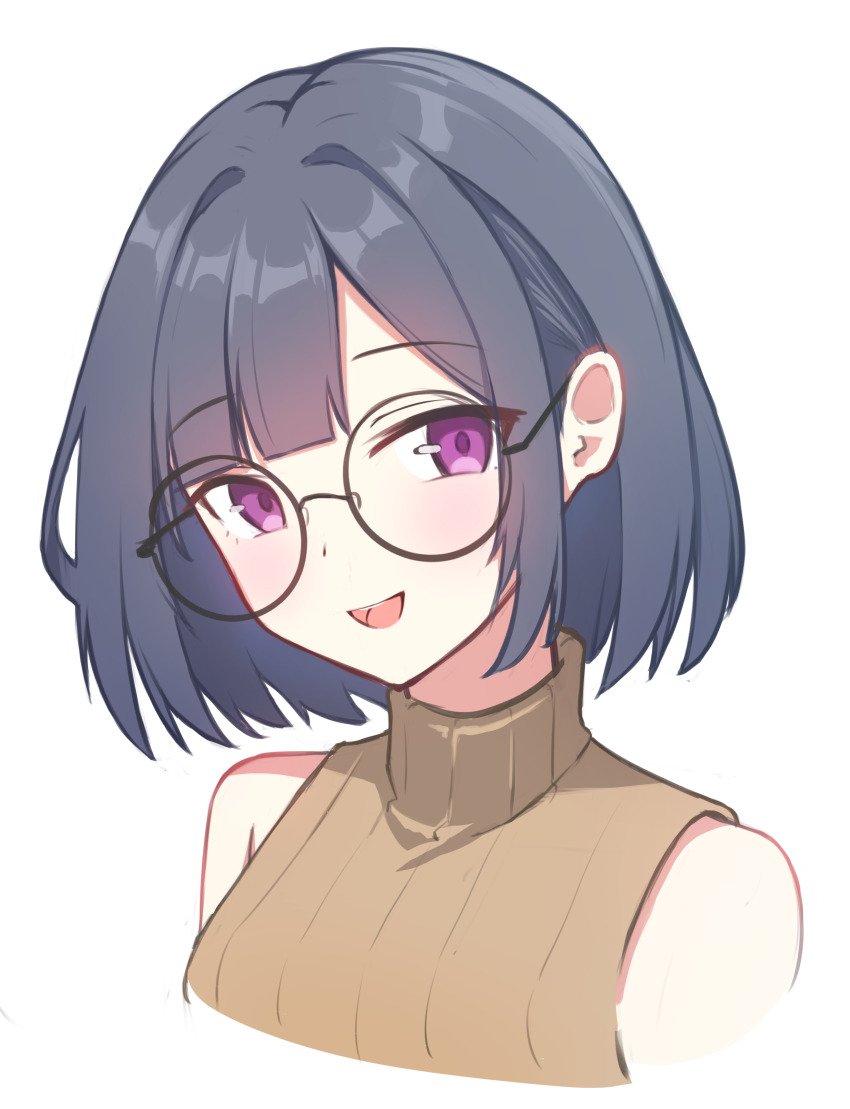 1girl, absurdres, asagizu, blue_hair, brown_sweater, commentary, english_commentary, glasses
