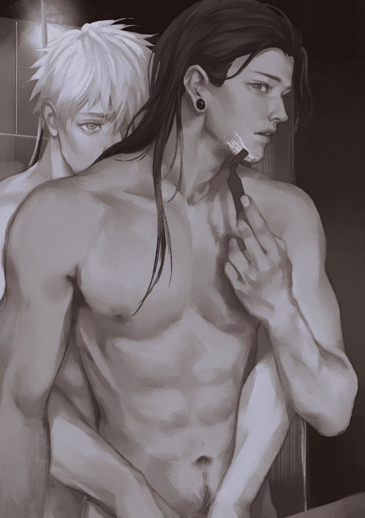 2boys, 3aem, abs, black_hair, closed_mouth, collarbone, commentary, completely_nude