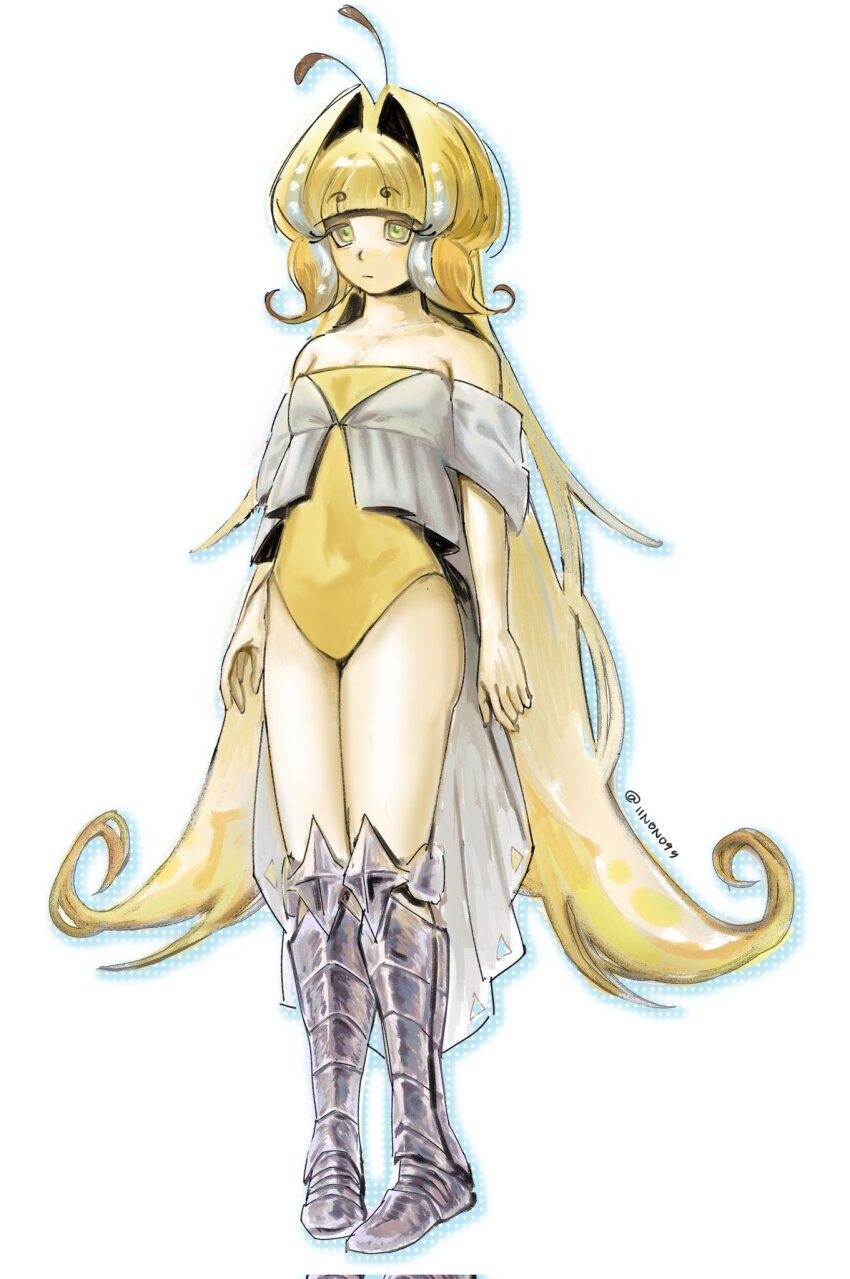 09iinowq8, 1girl, antenna_hair, armored_boots, bare_shoulders, blonde_hair, boots, butterfly_wings