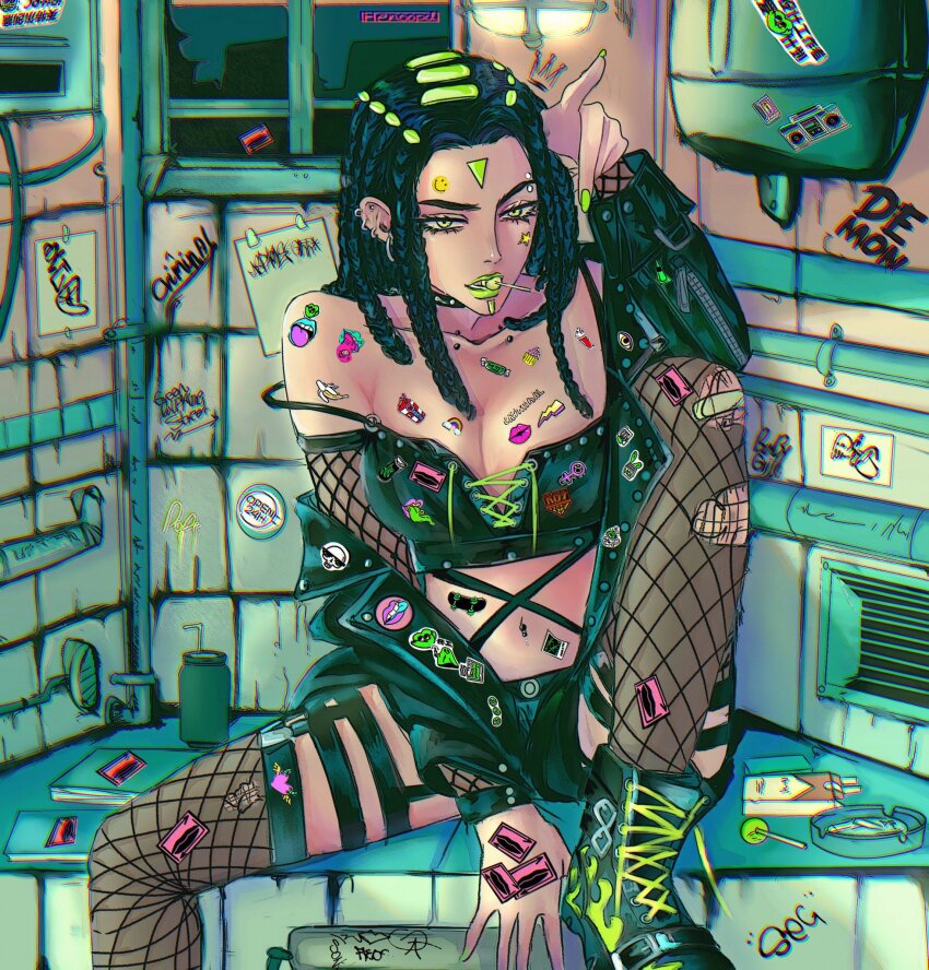 1girl, alternate_costume, armpit_crease, artist_name, ashtray, bare_shoulders, black_boots, black_choker