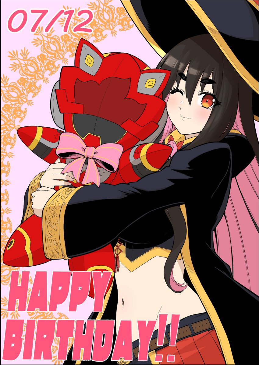 1boy, 1girl, absurdres, asagaki_togo, black_hair, breasts, colored_inner_hair, happy_birthday