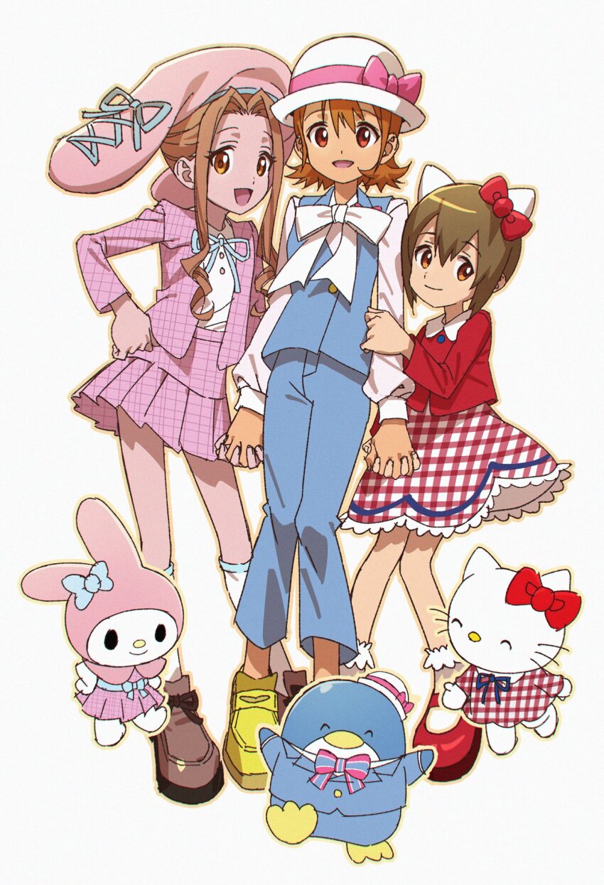 3girls, animal_ears, animal_hat, bird, blue_pants, blue_shirt, blue_suit, brown_eyes, brown_hair, c0s0m2, cat, cat_ears, child, crossover, digimon, digimon_adventure, flipped_hair, formal_clothes, gingham_clothes, gingham_skirt, hat, hello_kitty, hello_kitty_(character), highres, jacket, multiple_girls, my_melody, my_melody_(series), pants, penguin, pink_hat, pink_jacket, pink_skirt, rabbit, rabbit_hat, red_shirt, sanrio, shirt, short_hair, sidelocks, skirt, suit, tachikawa_mimi, takenouchi_sora, tuxedo_sam, white_hat, yagami_hikari