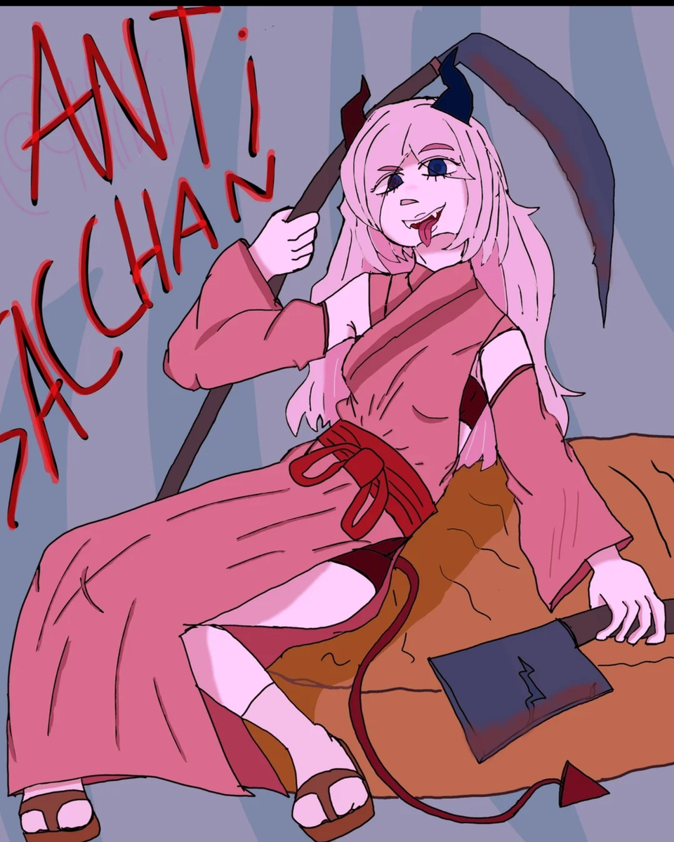 anti-version, axe, blood, dangerous_woman, demon_girl, demon_horns, demon_tail, highres